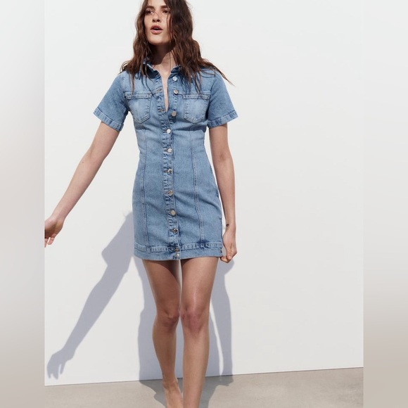 Zara Dress mini denim jeans button up collar casual short sleeve - Picture 4 of 8